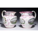 TWO SUNDERLAND  LUSTRE JUGS, C1840-60  with polychrome sponged transfer prints including the Wear