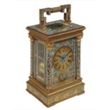 A FRENCH GILT BRASS AND  CHAMPLEVE ENAMEL CARRIAGE CLOCK, LATE 19TH C  with subsidiary alarm dial,