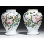 A PAIR OF CONTINENTAL ENAMELLED WHITE OPAQUE GLASS BALUSTER VASES, POSSIBLY BOHEMIAN, C1870  with