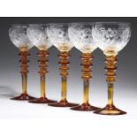 A SET OF FIVE ROYAL BRIERLEY HOCK GLASSES, SECOND QUARTER 20TH C  the intaglio engraved ovoid bowl