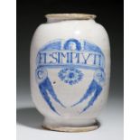 A LONDON DELFTWARE DRUG JAR, C1670-85 of ovoid shape painted in pale blue with an angel's head label