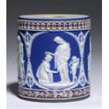 A WEDGWOOD THREE COLOUR JASPER DRUM SHAPED PEDESTAL, EARLY 19TH C of white jasper dipped in blue and