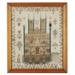 AN UNUSUAL ENGLISH LINEN SAMPLER, 1841  the central design of Lincoln Cathedral inscribed between