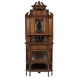 A VICTORIAN ROSEWOOD CORNER CABINET, C1900  inlaid and decorated in penwork with pendants and