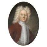 BRITISH SCHOOL, MID 18TH C A GENTLEMAN  in full bottomed wig, white stock and brown coat with