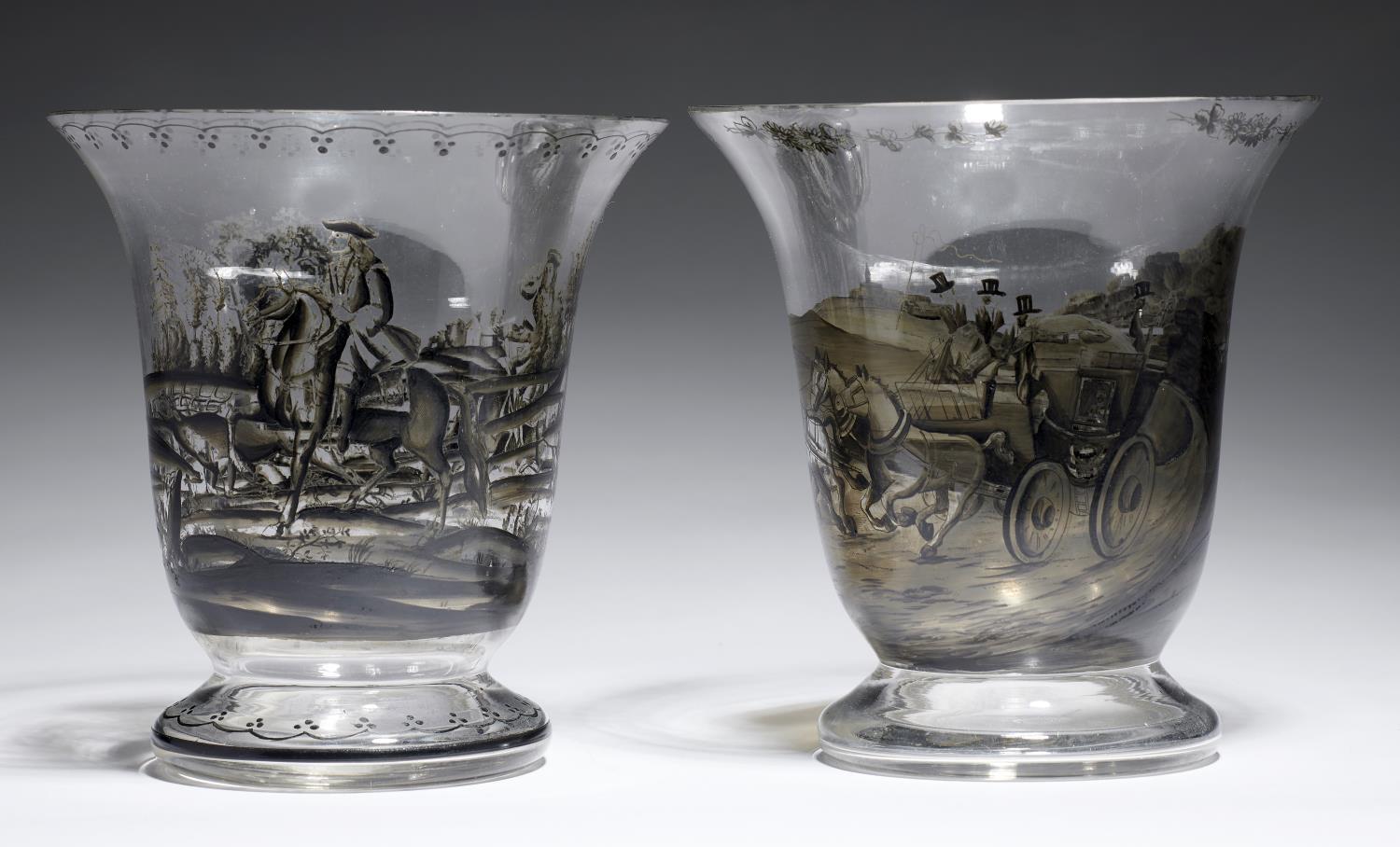 TWO SCHWARZLOT VASES, C1900 one enamelled with a coach and four, the other with 18th c sportsmen