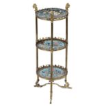 A GILT BRASS ETAGERE AND THREE CONTEMPORARY JAPANESE CLOISONNE ENAMEL DISHES, LATE 19TH C  with