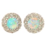 A PAIR OF OPAL AND DIAMOND EARRINGS in white gold, 10 mm w, marked 9ct, 4g In good condition,
