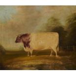 BRITISH SCHOOL, EARLY 19TH C PORTRAIT OF A SHORTHORN COW IN A  LANDSCAPE oil on canvas, 49 x 59cm,