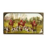 FOX HUNTING.   A VICTORIAN RECTANGULAR SILVER AND ENAMEL VESTA CASE  painted with a Meet, 5.7cm,