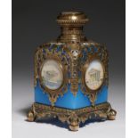 A PALAIS ROYAL GILTMETAL MOUNTED BLUE OPALINE GLASS SCENT BOTTLE, C1870 set with five overpainted