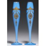 A PAIR OF SLENDER JEWELLED AND GILT  BLUE CELESTE GLASS VASES, PROBABLY FRENCH, LATE 19TH C   23cm h