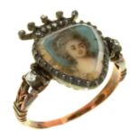A DIAMOND HEART-AND-CROWN PORTRAIT RING, 18TH C  the miniature of a young woman painted on ivory,