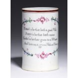 A CYLINDRICAL PEARLWARE MUG, C1800  transfer printed with stanza "Blessed is he that has a good