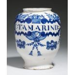 A LONDON DELFTWARE DRUG JAR, C1700-20   of ovoid shape, painted in blue with a strapwork label