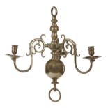 A BRASS CHANDELIER, 17TH CENTURY STYLE, EARLY 20TH C  with globe shaft and three scrolling