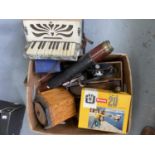 A STELDENI PIANO ACCORDION, BRASS MOUNTED TELESCOPE, VINTAGE CAMERA, BISCUIT BARRELS, ETC