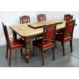 A VICTORIAN OAK EXTENDING DINING TABLE ON TURNED LEGS AND POTTERY CASTORS,  113 X 237CM W AND A