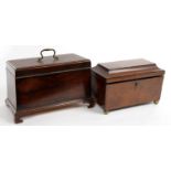 A GEORGE III MAHOGANY TEA CADDY WITH BRASS HANDLE, 26CM L AND A REGENCY MAHOGANY AND YEW WOOD TEA