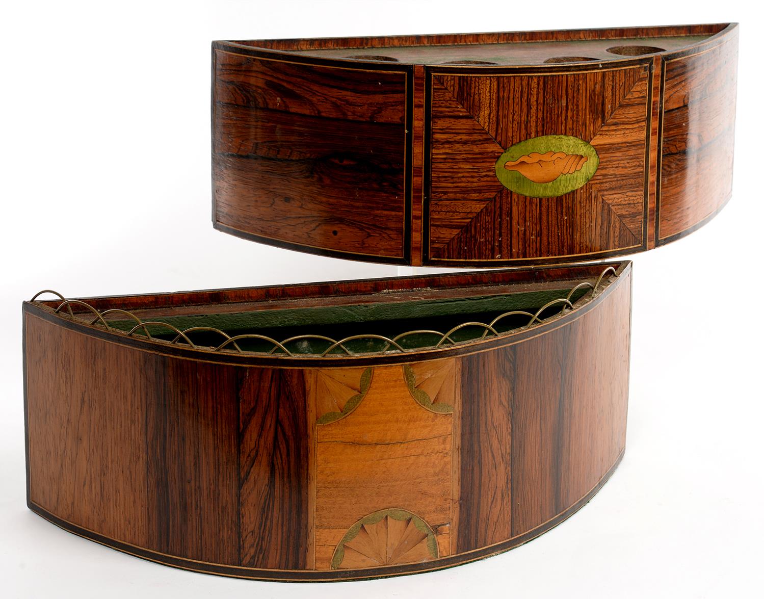 TWO SIMILAR ROSEWOOD,SATINWOOD, PEARWOOD AND LINE INLAID BOUGH POTS IN REGENCY STYLE AND OF SEMI