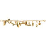 A GOLD BRACELET, WITH SEVEN GOLD CHARMS, MARKED 9CT, 375 OR UNMARKED, 32G LIGHT SURFACE WEAR