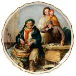 A STAFFORDSHIRE PLAQUE PRINTED WITH THE SCENE OF AN OYSTER SELLER,  27CM DIAM, PRINTED SEPIA JAMES