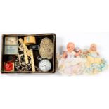 TWO EARLY 20TH C VINTAGE CELLULOID MINIATURE DOLLS, A 19TH C PAPIER MACHE SNUFF BOX, AN EDWARDIAN