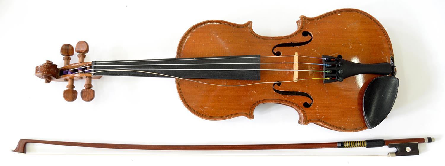 A HALF SIZE BOHEMIAN VIOLIN,  LENGTH OF BACK 30.5CM CASED AND TWO VIOLIN BOWS