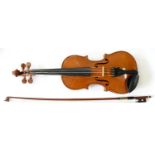 A HALF SIZE BOHEMIAN VIOLIN,  LENGTH OF BACK 30.5CM CASED AND TWO VIOLIN BOWS
