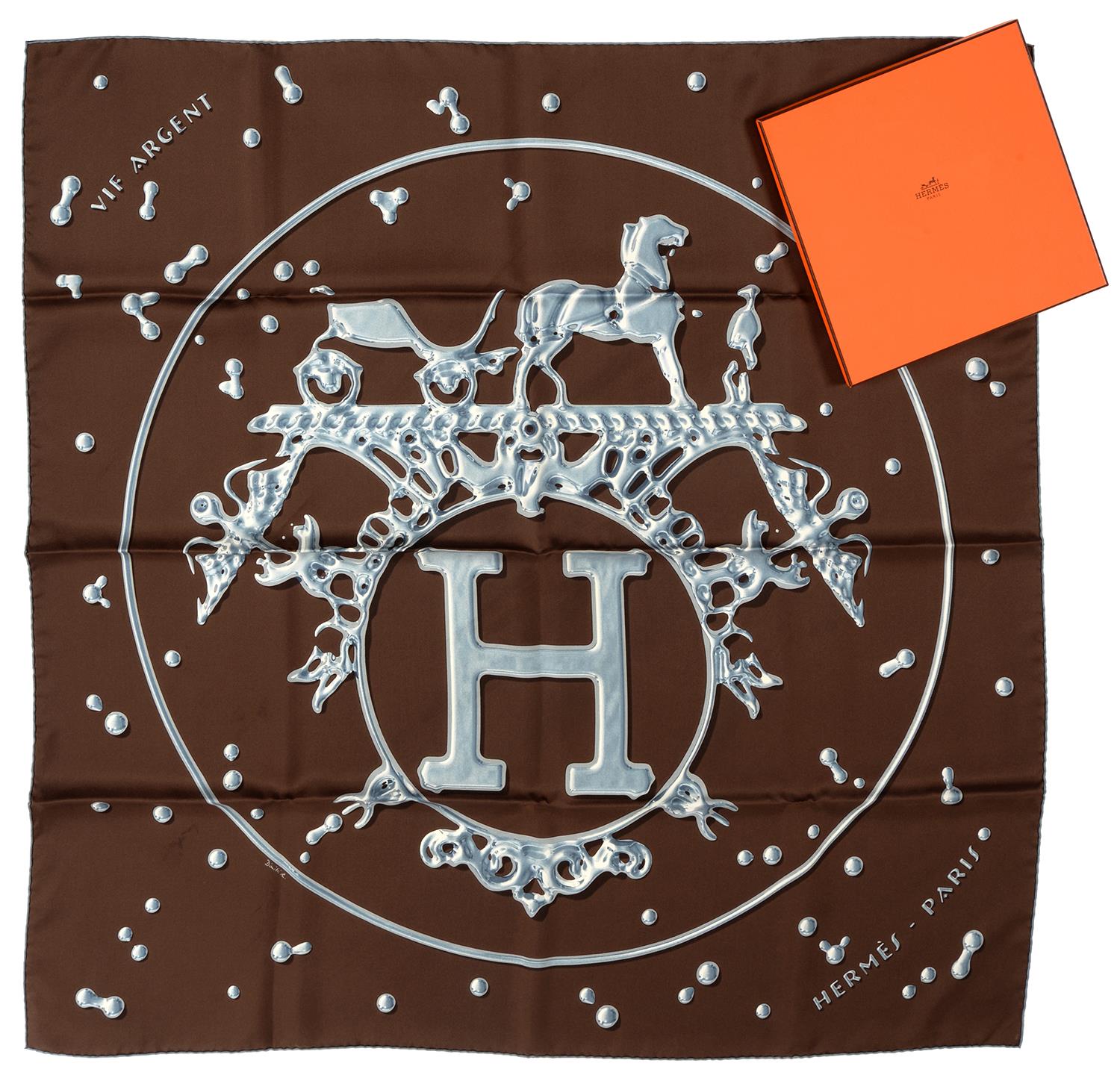 HERMÉS. 'VIF ARGENT', BROWN AND BLUE SQUARE SILK SCARF, 90 x 90 CM, BOXED