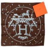 HERMÉS. 'VIF ARGENT', BROWN AND BLUE SQUARE SILK SCARF, 90 x 90 CM, BOXED