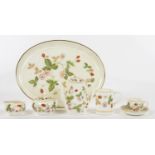 A MINIATURE WEDGWOOD BONE CHINA  WILD STRAWBERRY PATTERN TEA SERVICE, TRAY 16CM L, PRINTED MARK