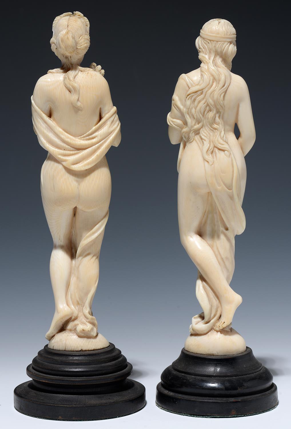 TWO EUROPEAN IVORY STATUETTES OF VENUS AND CERES, ON AFFIXED, TURNED AND STAINED EBONISED BASE, 24 - Image 2 of 2