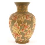 A CALVERT AND LOVATT LANGLEY WARE VASE, COVERED IN BUFF SLIP AND DECORATED WITH FOLIAGE, 19.5CM