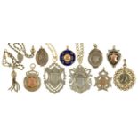 MISCELLANEOUS SILVER ALBERTS AND FOB SHIELDS, VICTORIAN AND LATER, 145G LIGHT WEAR CONSISTENT WITH