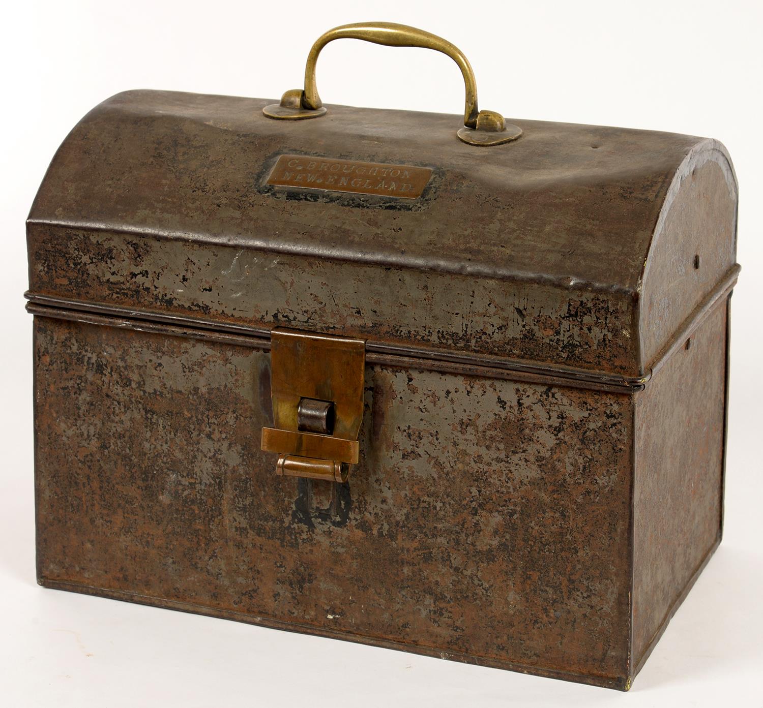 A VICTORIAN TINPLATE TRUNK WITH BRASS HASP, HANDLE AND TABLET, STAMPED IN PRINTERS TYPE  G BROUGHTON