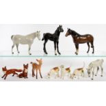 A COLLECTION OF  BESWICK HORSES, FOALS, FOX AND HOUNDS VARIOUS SIZES, PRINTED MARK