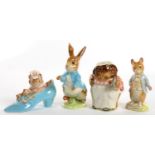 FOUR BESWICK FIGURES OF BEATRIX POTTER CHARACTERS, 11CM H AND SMALLER, GILT/LUSTRE PRINTED MARK, OLD