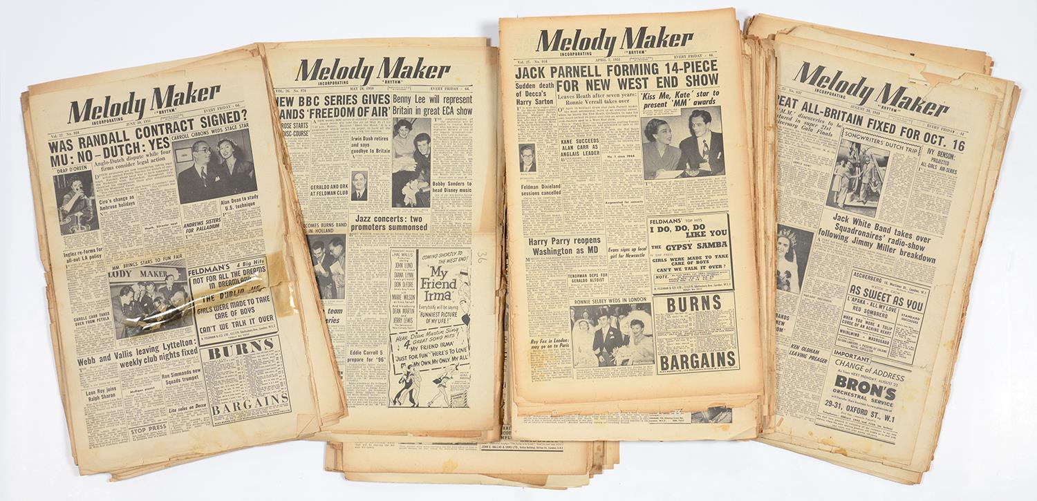 ROCK AND POP MEMORABILIA.  THE MELODY MAKER NEWSPAPER, 1950-52, A RUN (APPROX. 60)