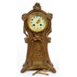 A FRENCH ART NOUVEAU SPELTER GILT MANTEL CLOCK, THE PRIMROSE ENAMEL DIAL PAINTED WITH FLOWERS,