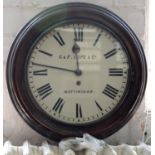 A VICTORIAN MAHOGANY WALL CLOCK, THE ENAMEL DIAL INSCRIBED G & F COPE AND CO NOTTINGHAM, 43CM D