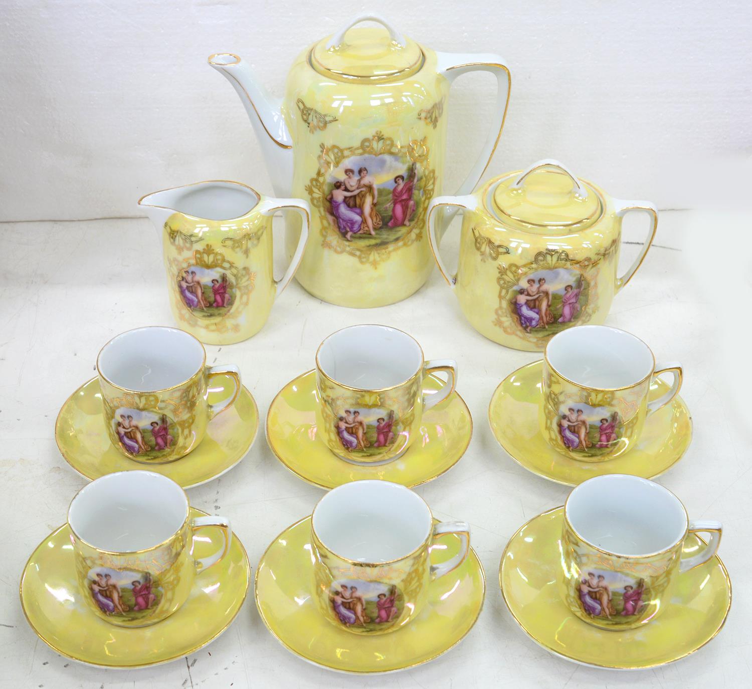 A VIENNA STYLE YELLOW GROUND COFFEE SERVICE, PRINTED WITH CLASSICAL GROUPS OF FIGURES AFTER A