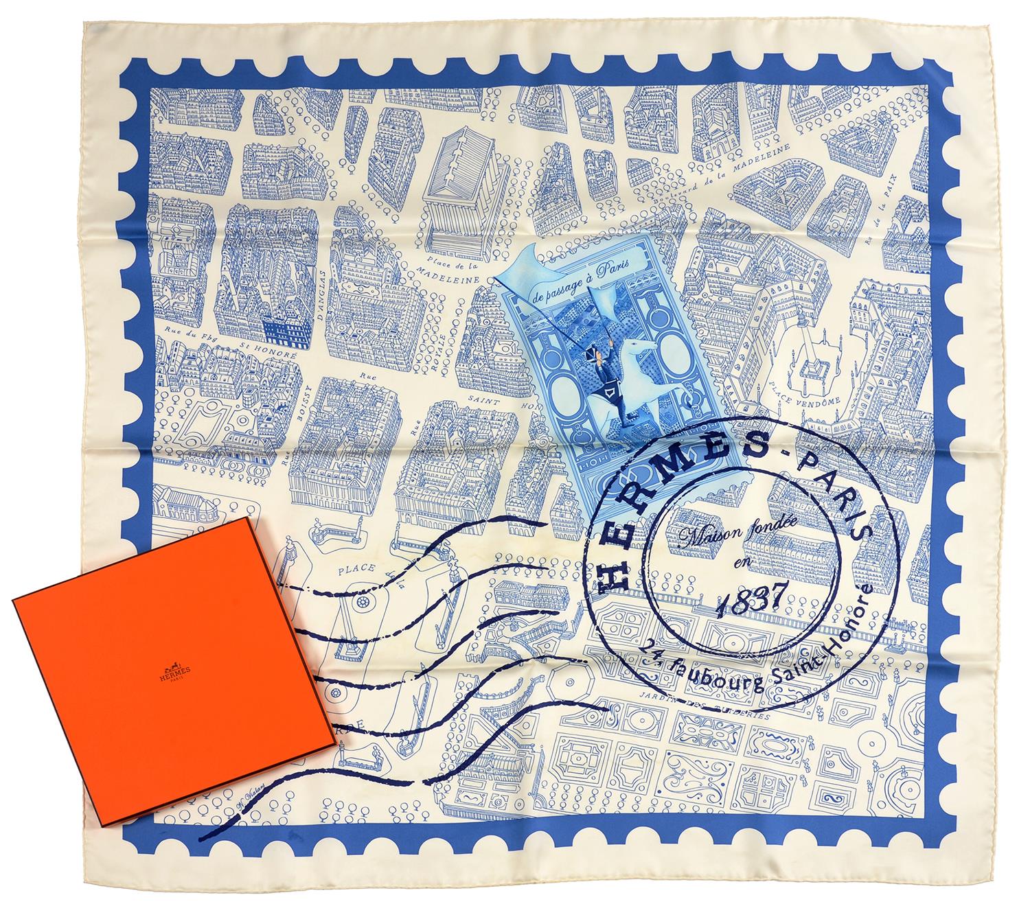 HERMÉS. 'DE PASSAGE À PARIS' BLUE AND WHITE SQUARE SILK SCARF, 90 x 90 CM, BOXED