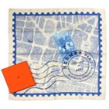 HERMÉS. 'DE PASSAGE À PARIS' BLUE AND WHITE SQUARE SILK SCARF, 90 x 90 CM, BOXED
