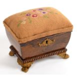 A VICTORIAN METAL MOUNTED ROSEWOOD TEA CADDY ADAPTED AS A WORKBOX WITH PADDED LID, 13CM L