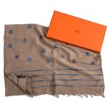 HERMÉS. 'CHECHE H' GREY AND BLUE GLITTER SILK AND COTTON STOLE, 188 X 63 CM, BOXED