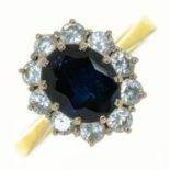 A SAPPHIRE AND DIAMOND CLUSTER RING IN 18CT GOLD, LONDON 1986, 6G, SIZE Q NO DAMAGE TO STONES. BUILD