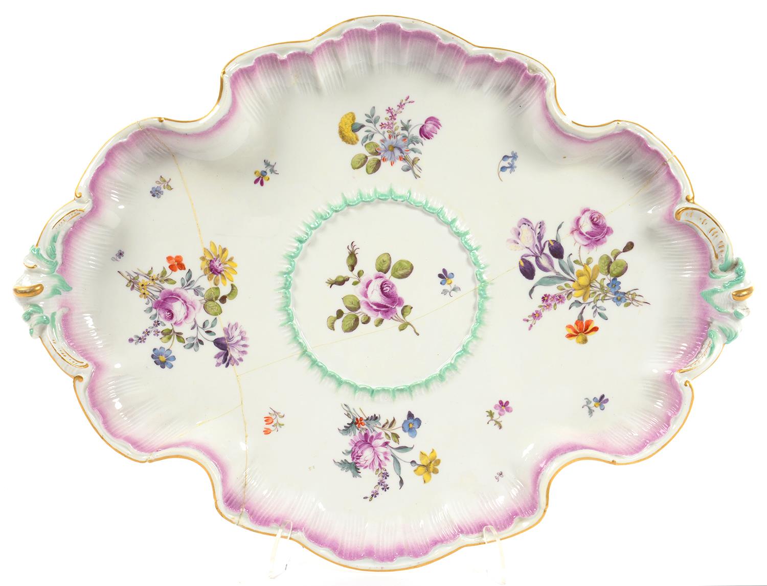 A MEISSEN SHELL MOULDED TRAY FROM A CABARET SERVICE, PAINTED WITH LOOSE BOUQUETS, A SINGLE ROSE