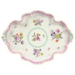 A MEISSEN SHELL MOULDED TRAY FROM A CABARET SERVICE, PAINTED WITH LOOSE BOUQUETS, A SINGLE ROSE