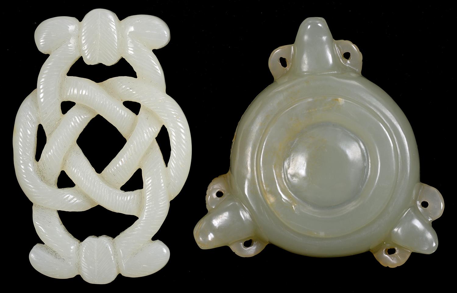A CHINESE JADE CARVING OF A KNOT AND A SIMILAR MINIATURE BOWL WITH THREE PIERCED LUG HANDLES, KNOT
